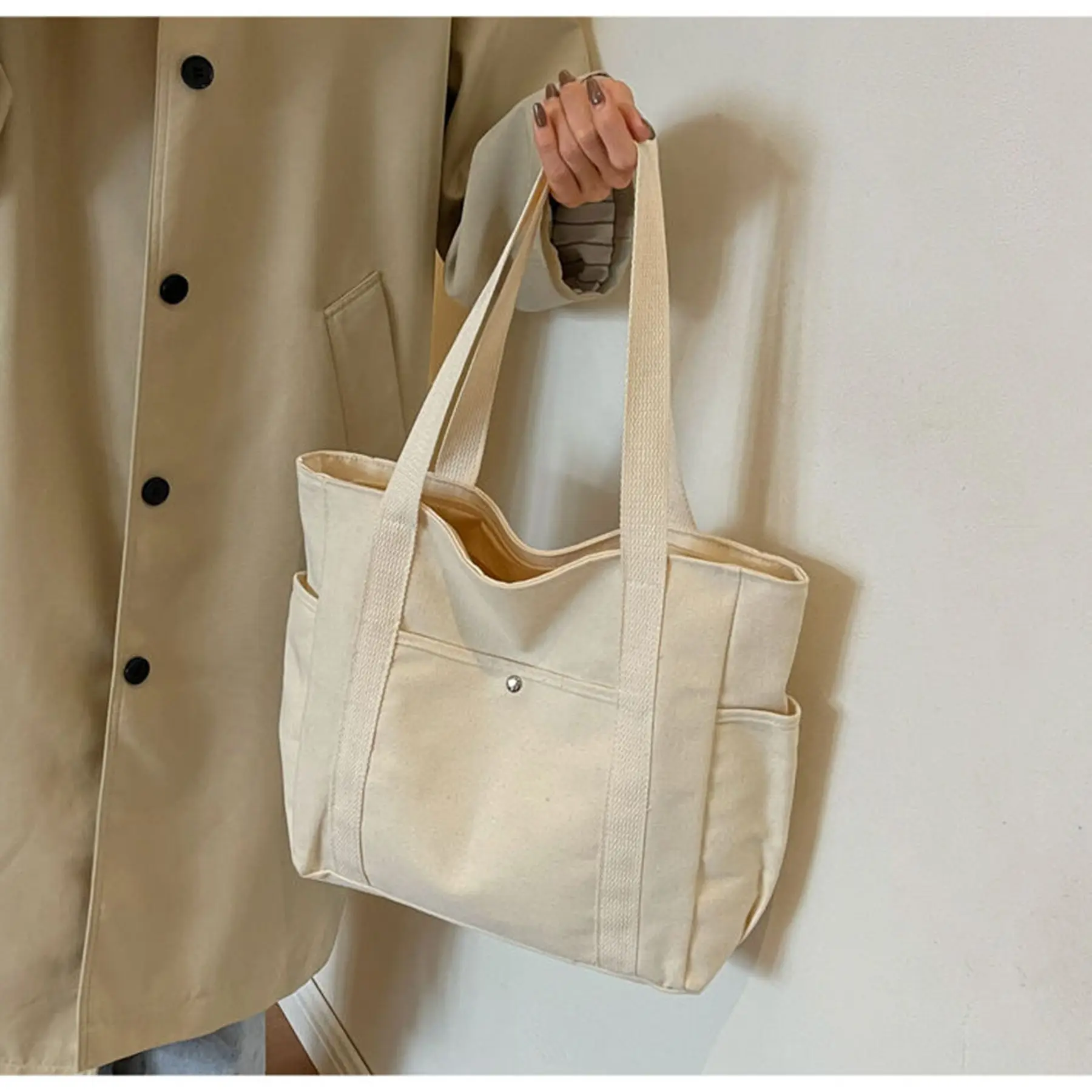 Womens Canvas Shoulder Bag Beige Black Large Tote Bags for