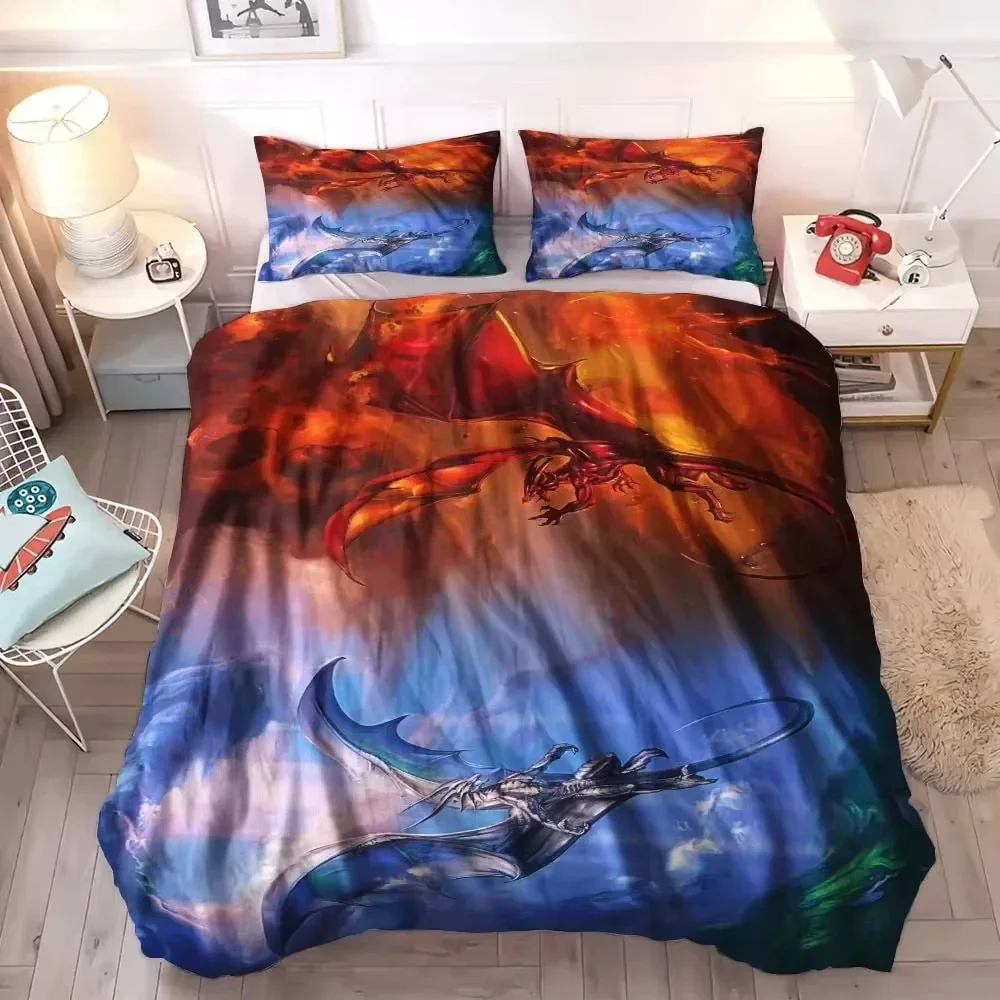 Dragon and Phoenix Duvet Cover Set Queen King Size Fantasy World Monster Bedding Sets Mens Boys and Teenagers Comforter Covers