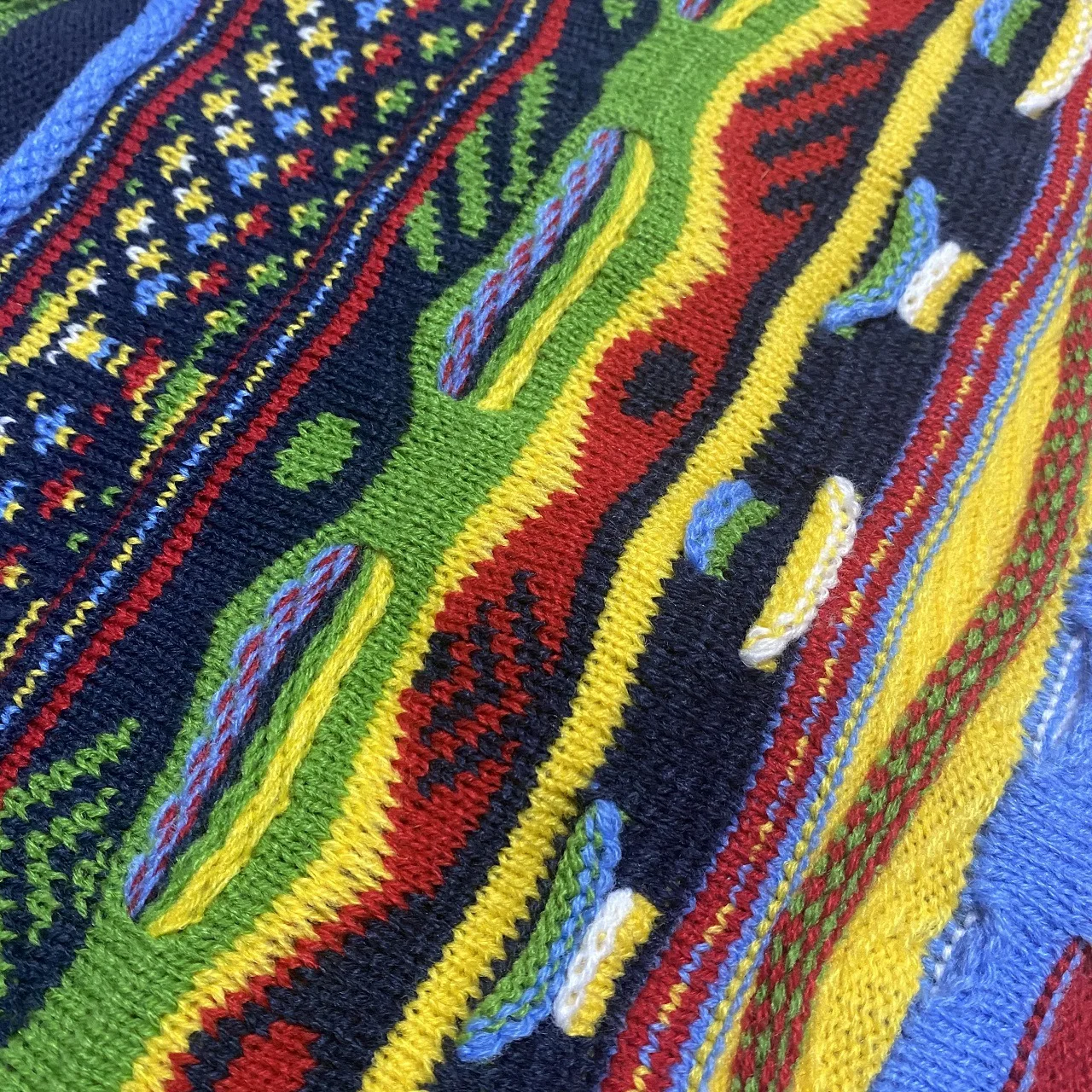 Description Picture 3 of item2024 Kapital Vintage Loose Fit Jacquard Bitter Gourd Pattern Knit Polo-Shirt Short Sleeve