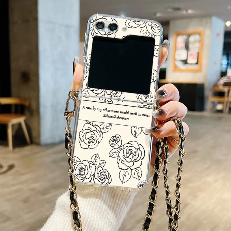 Rosblomstryck Genomskinligt Mjukt Snoddskal För Samsung Galaxy Z Flip 6 5 4 3 5G Flip5 Flip6 Stötsäkert Axelbandsfodral med Rep_voghion.com