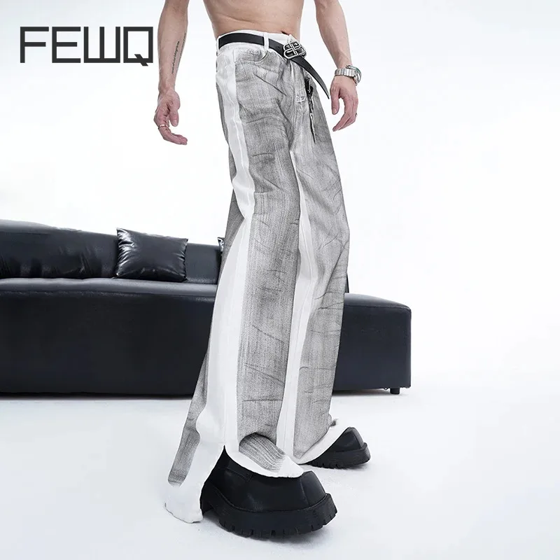 

FEWQ Split Jeans Men's Wear 2024 New Summer High Street American Style Trousers Loose Denim Pants Graffiti Contrast Color 24Y147