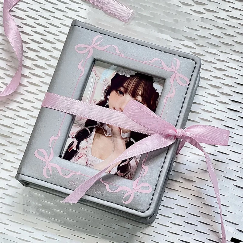 Silver PU leather photocard holder book ribbon star chasing card storage album with 20pages
