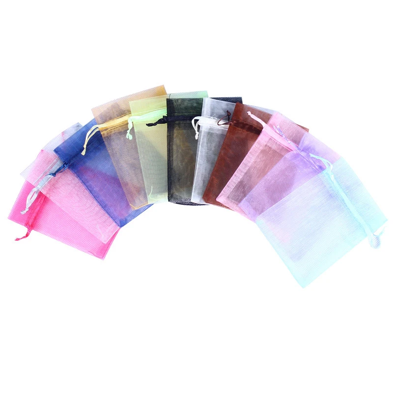 100 szt. Kolorowe sznurek z organzy torby opakowanie biżuterii na torebki woreczki ze sznurkiem ściągającym do przechowywania prezentów ślubnych 10x1,2 cm/10x1,5 cm/13x18cm