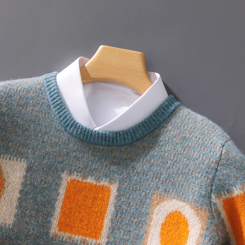 Autumn Winter New Men's Large Size Pure Wool Loose Thick O-Neck Pullovers Contrast Color Casual Knitted Cashmere Sweater 2