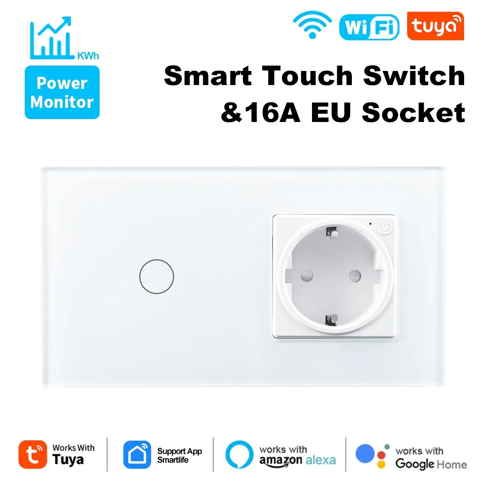 สวิตช์สัมผัสอัจฉริยะ Tuya WiFi 1 ช่อง 2 ช่อง 3 ช่อง มาตรฐาน EU สวิตช์ติดผนังพร้อมปลั๊กไฟฟ้า ควบคุมผ่านแอปพลิเคชัน รองรับ Alexa และ Google Home 1