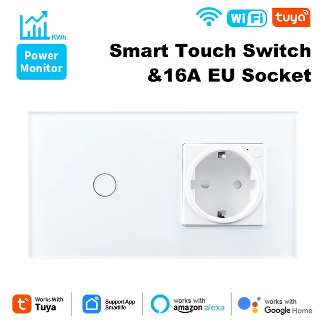 สวิตช์สัมผัสอัจฉริยะ Tuya WiFi 1 ช่อง 2 ช่อง 3 ช่อง มาตรฐาน EU สวิตช์ติดผนังพร้อมปลั๊กไฟฟ้า ควบคุมผ่านแอปพลิเคชัน รองรับ Alexa และ Google Home 1
