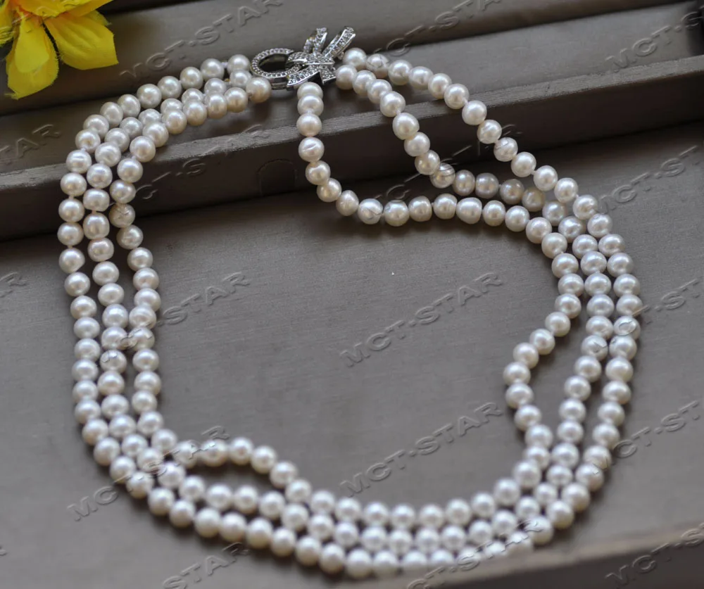 

MTC·STAR Z12714 3Row 8mm White Round Freshwater Pearl Necklace Bowknot CZ