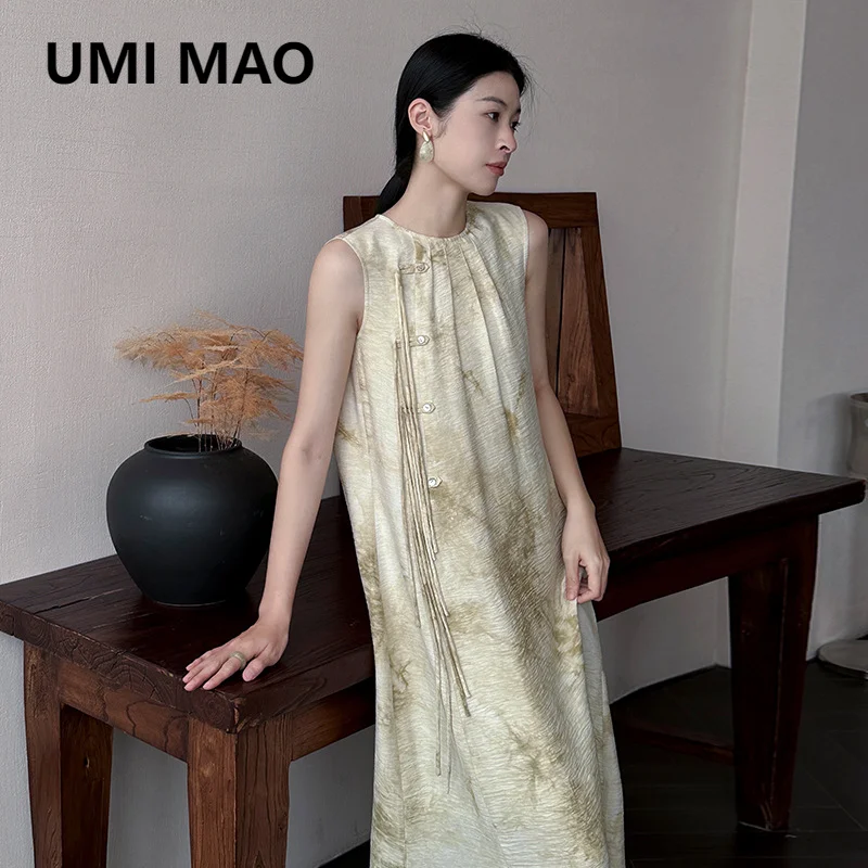

UMI MAO Chinese Zen Style Dresses Femme 2024 Summer New Temperament New Sleeveless Long Party Dress Elegant Women