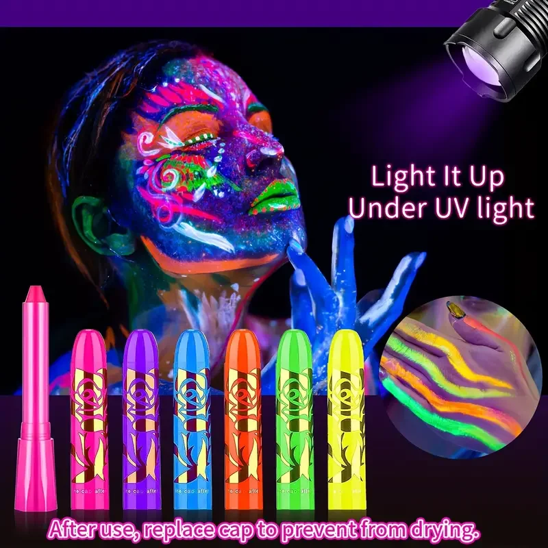 6PCS/12PCS Neon UV Glow Face&Body Painting Kit Crayons-Vibrant Black Light-up Make-up sticks for Mardi Gras,Halloween,Masquerade 3