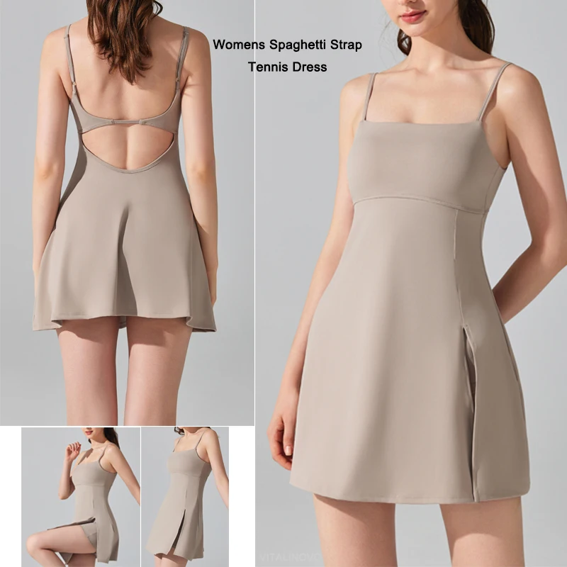Womens Spaghetti Strap Tennis Dress Scoop Neck Workout Dress with Built-in Bra Workout Side Slit Active Golf Dresses VITALINOVO Women Dress Sports Clothing