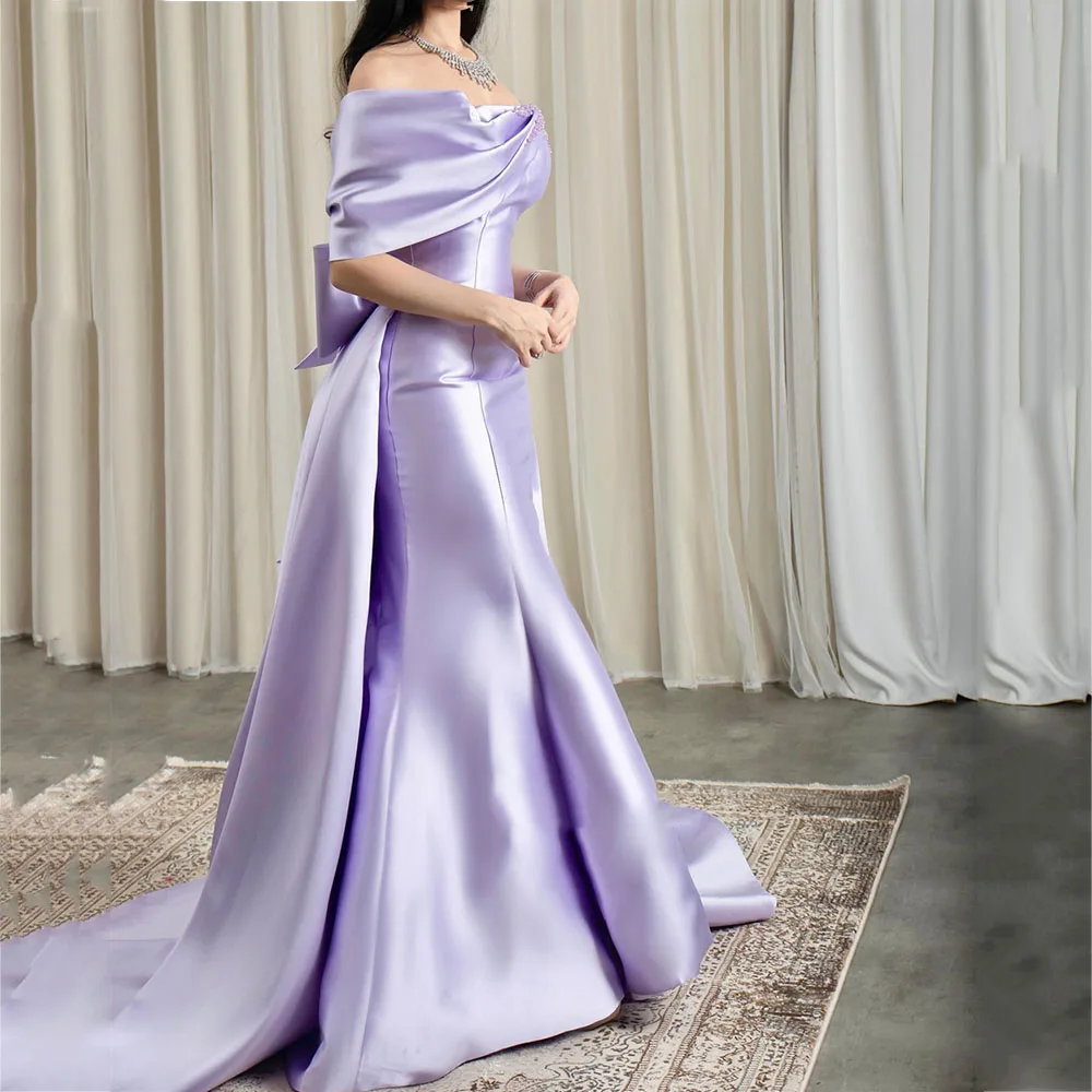 

Classic Mermaid Boat Neck Bow Pleats Women Evening Dresses Draped Beadings Backless Floor Length Court Train Prom Gowns