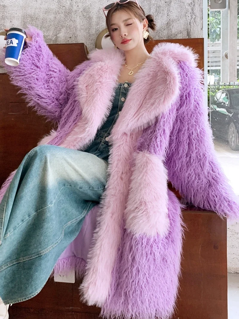 Cherry Blossom Pink Faux Fur Long Loose Large Lapel Furry Coat Women's Lamb Fur Large Pocket Coat Cotton Padded Thick Overcoats