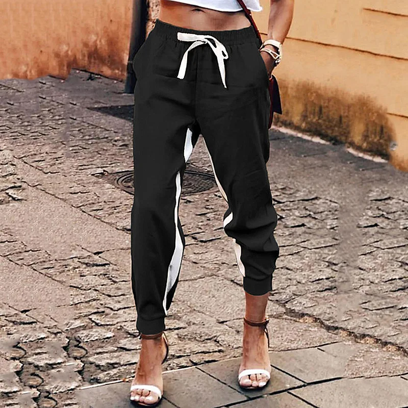 Comfort Pants for Women Loose Pants Solid Color Patchwork Elastic Tie Up Casual Pants
