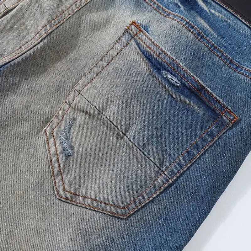 Latest Street Fashion Men's Jeans Vintage Blue Elastic Slim Fit Split Jeans Men's Vintage Pants Splicing Designer Hip Hop Perfor