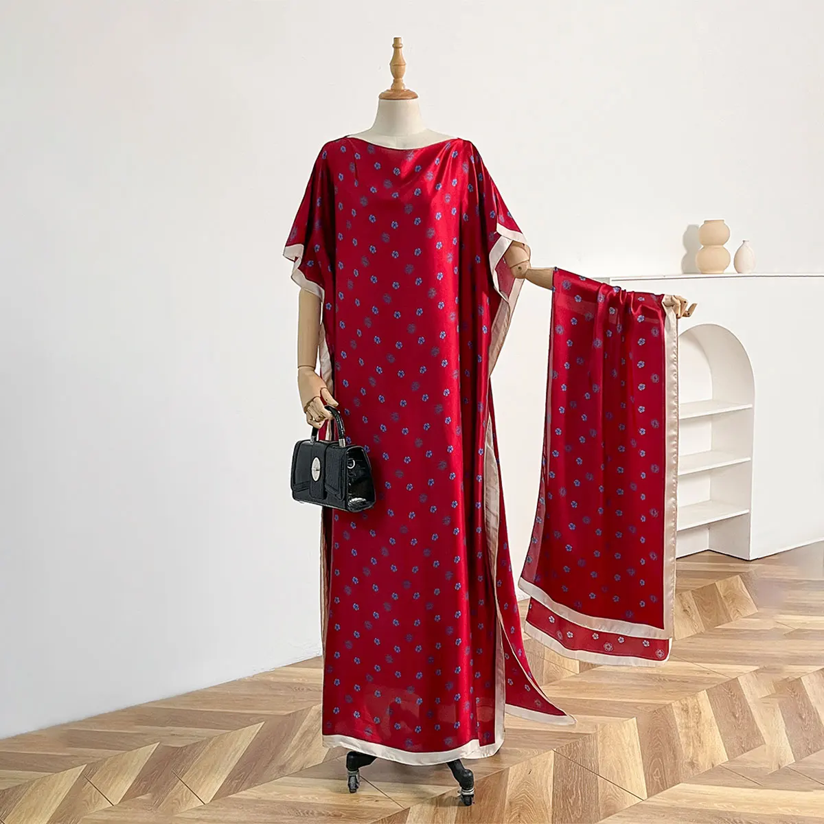 Spring and Summer Fashion Women Elegant Butterfly Printed Silk Muslim Lady Long Hijab Kaftan Dress Sun Protection Kuwait Abaya