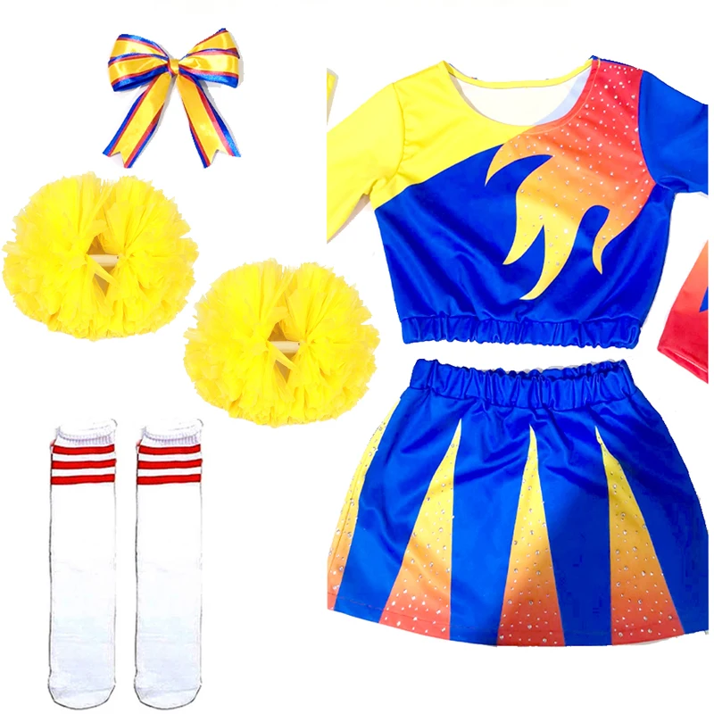 Pompoms And Socks Girls Cheerleading Uniform Flash Drill Dance Costume Long Sleeves Women Cheerleader Outfit Round Neckline