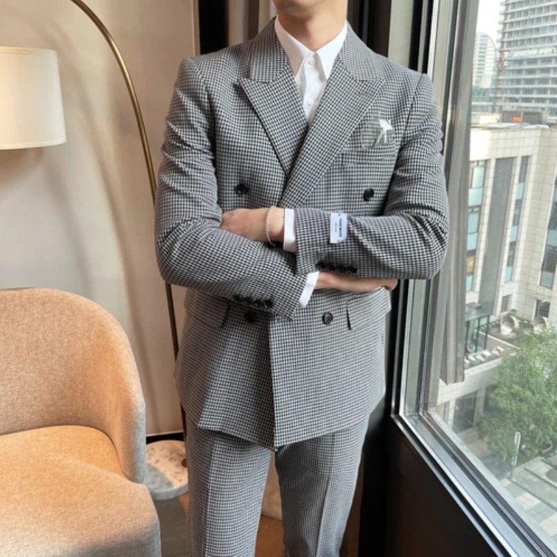 

Костюмы Houndstooth для мужчин, итальянские костюмы с двубортным приталенным повседневным жакетом и брюками, смокинги для жениха из 2 предметов для свадьбы