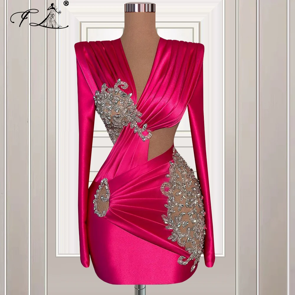 Beaded Fuchsia Cocktail Dress Women Sexy V-Neck Long Sleeves Party Dress Glitter Short Mini Homecoming