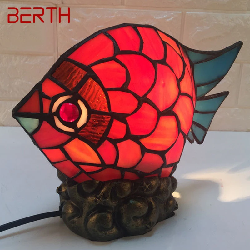 

BERTH Tiffany Glass Table Lamp LED Creative Novelty Red Small Fish Desk Light For Home Study Bedroom Bedside Decor