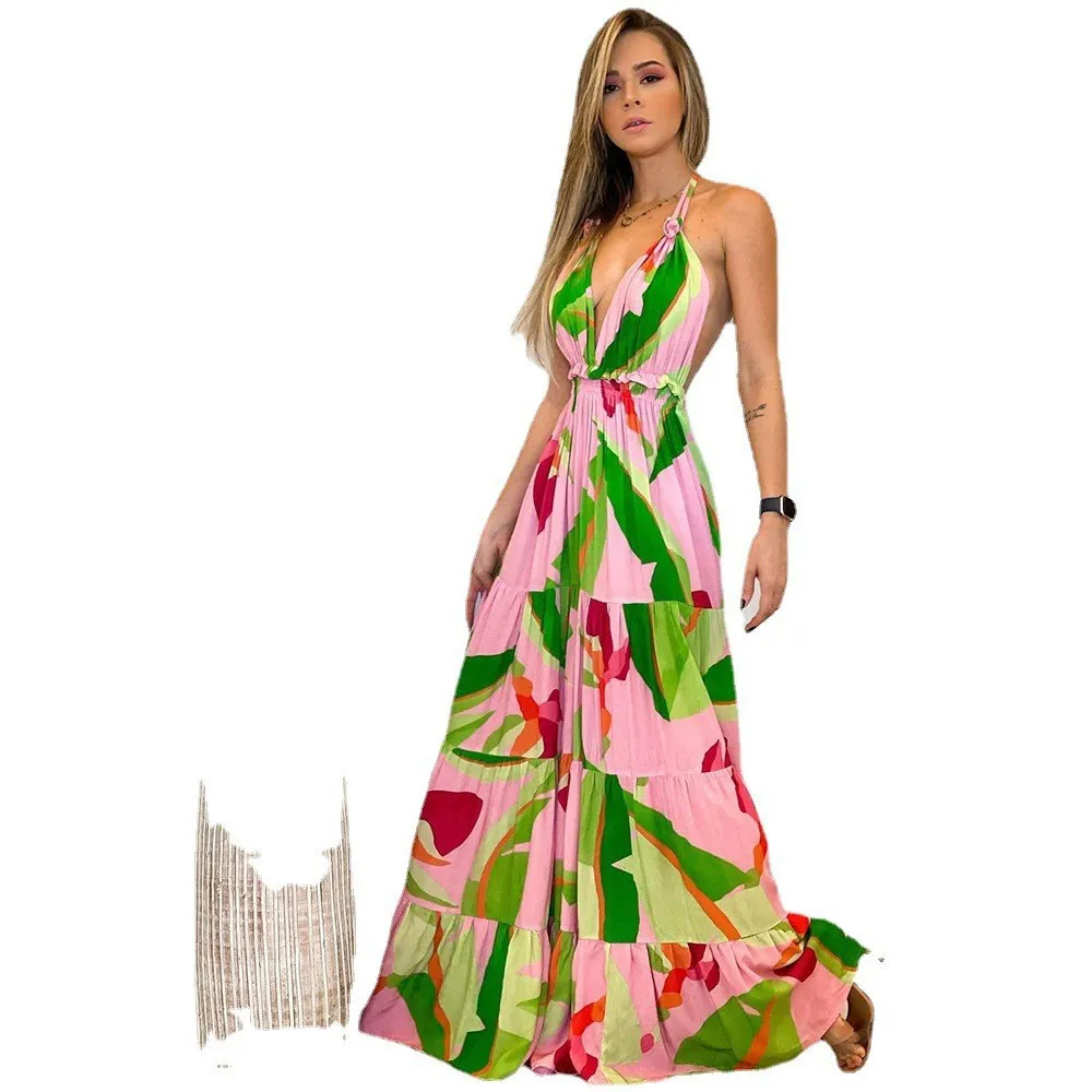 Vestidos de cuello halter con estampado de estilo bohemio para mujer, sexys, con escote en V y espalda descubierta, para vacaciones y playa, ropa informal para desplazamientos diarios.