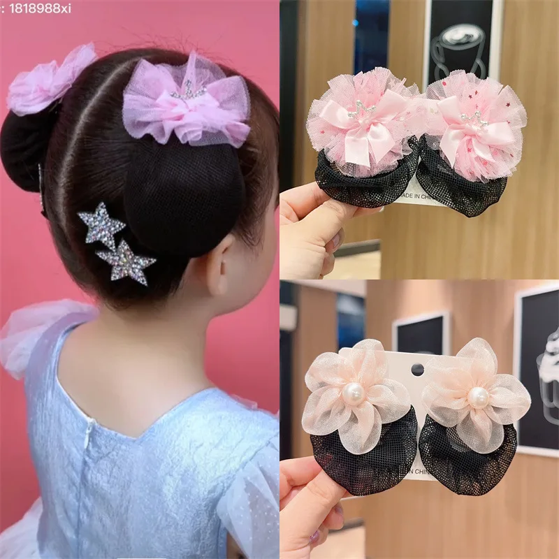 

2Pcs/Set Mesh Lace Chiffon Hair bundle For Girls Flower Heart Shap Hair Nets Flower buds Kids Teens Women Dance Hair Accessories