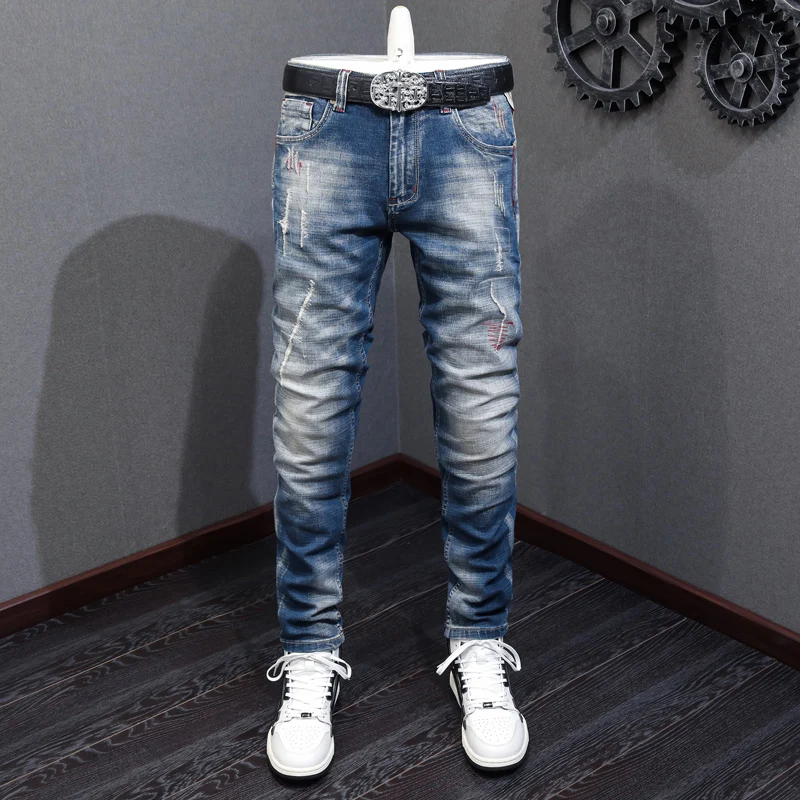 High Street Fashion Men Jeans Retro Blue Elastic Slim Fit Embroidery Patched Vintage Ripped Jeans Men Hip Hop Denim Pants Hombre