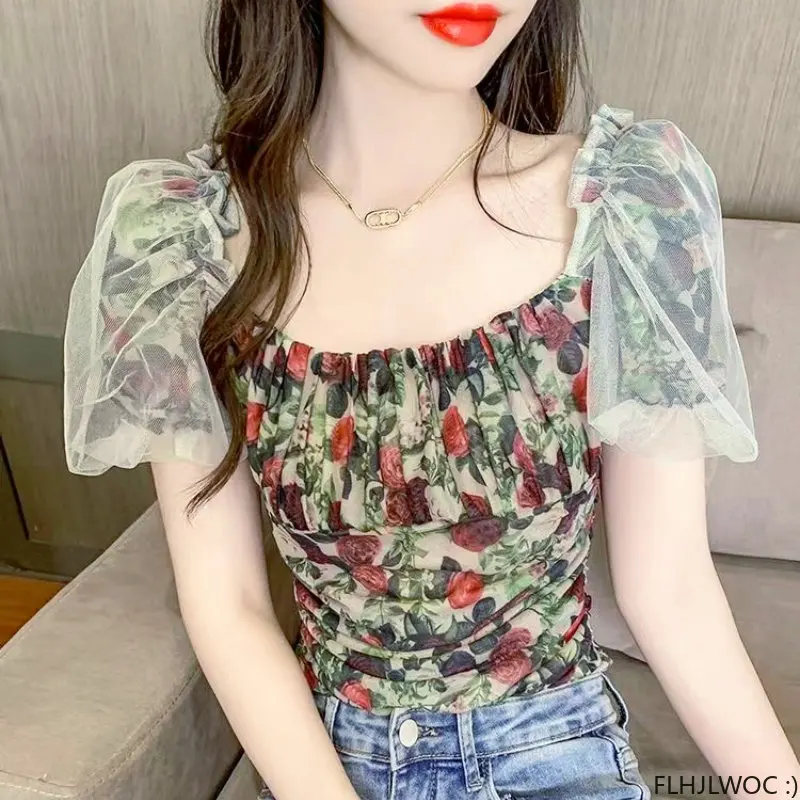 

Летняя Милая Короткая шикарная фотография женская Корейский Японский цветочный дизайн FLHJLWOC с оборками винтажная прозрачная сетчатая блузка