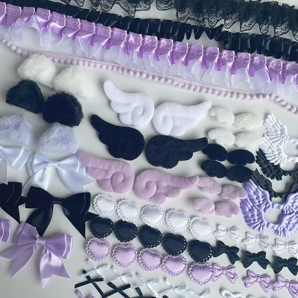 Pink Lace Plush DIY Accessory Set with Wings, Bows, and Hearts