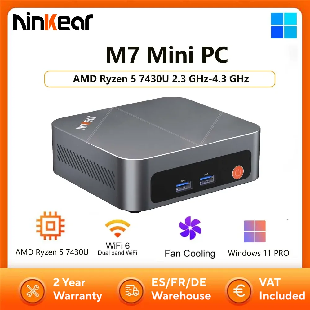 Ninkear M7 Mini PC AMD Ryzen 5 7430U 2.3 GHz-4.3 GHz Windows 11 PRO 16 Go DDR4 RAM 512 Go SSD WIFI 6.0 Mini ordinateurs de refroidissement par ventilateur