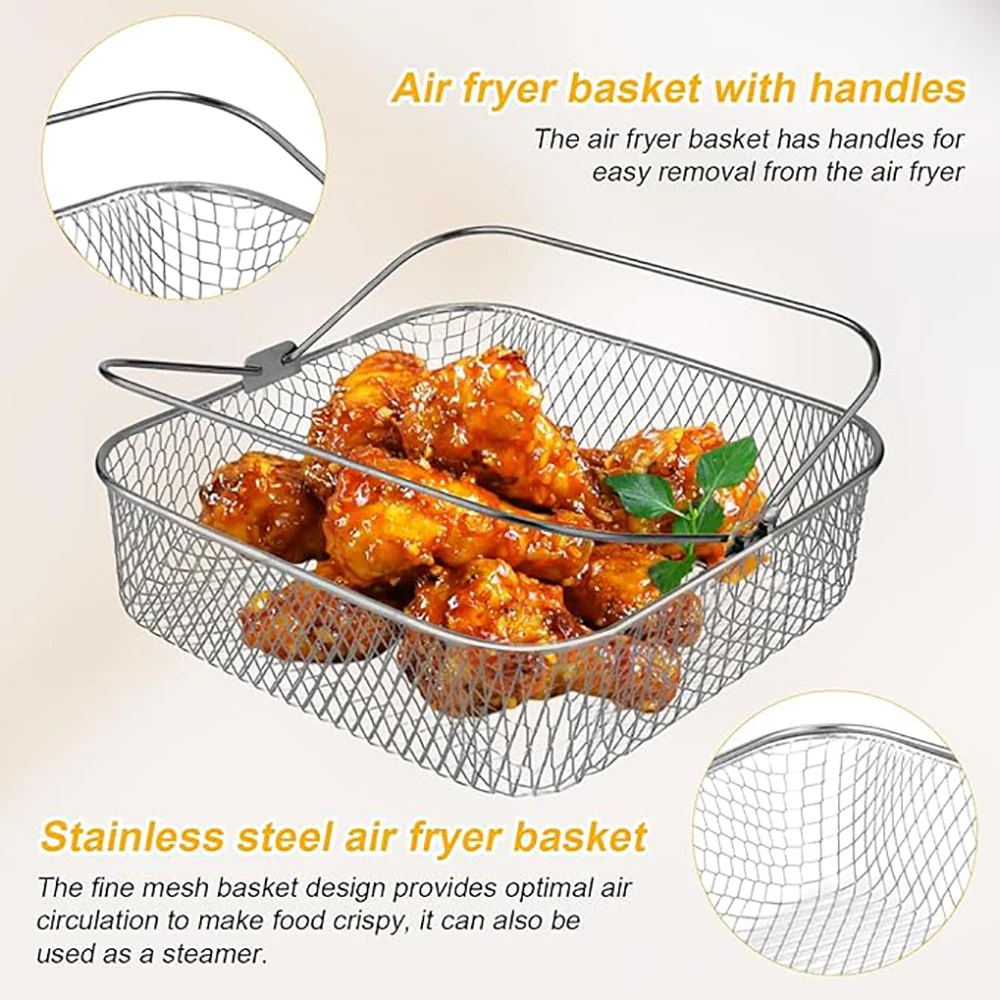 Steamer Rack Air Fryer Rack Steamer Basket 8 Inch Air Fryer Basket Stainless Steel Square Air Fryer Pan Wire Mesh Steamer Rack with Handles