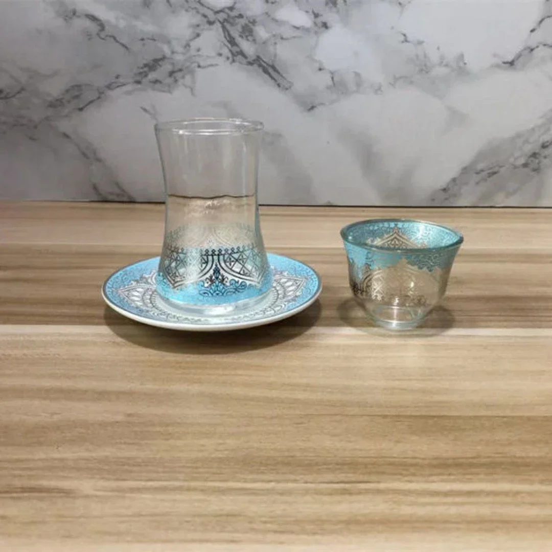 터키식 차잔 세트, 받침 접시 포함, 커피잔, 로맨틱하고 이국적인 유리 티컵, 블루 골드, 주방 장, 3개 세트