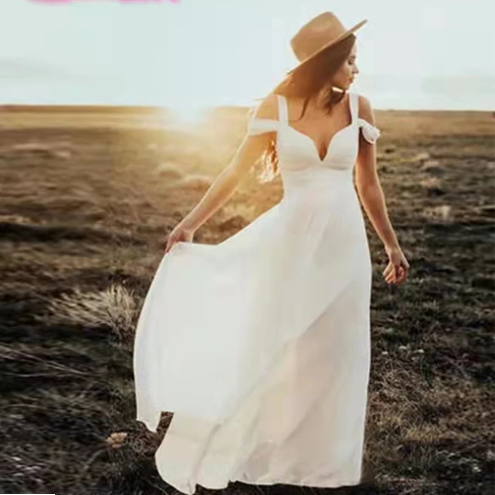 

Boho Chiffon Wedding Dress Spaghetti Straps A-line Bridal Dress Backless vestidos de noche robe de soirée femme платье женское