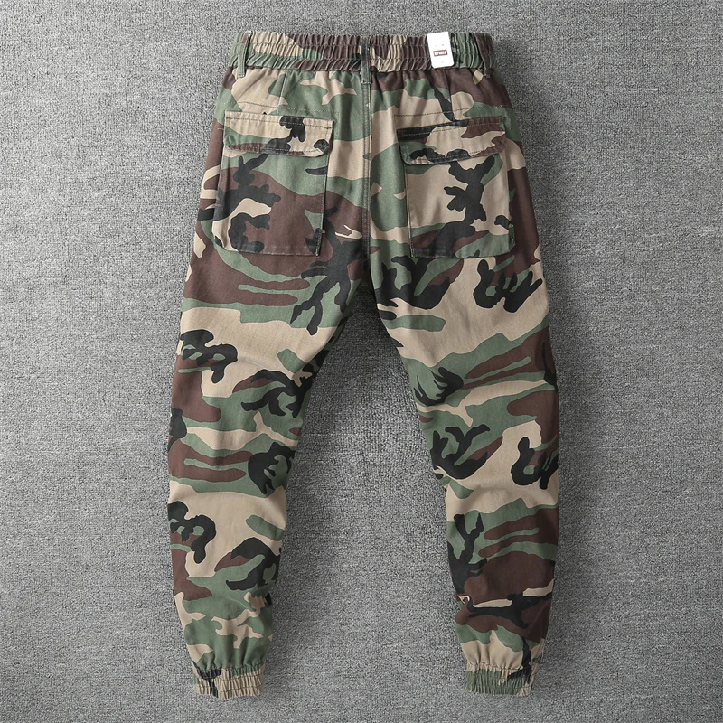 Men's Spring Camouflage Overalls Safari Style Multi Pockects Cargo Pants Elastic Waist Loose Causal Pants Outdoor Jogger Pants
