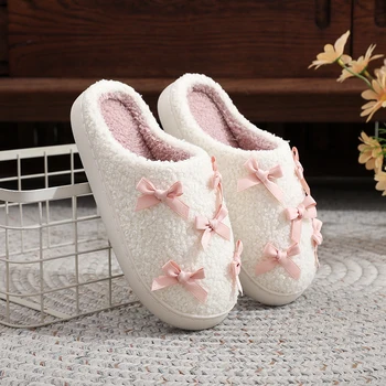 New ins hot sale autumn and winter plush cotton slippers women warm indoor cute girl bow pink slippers 1