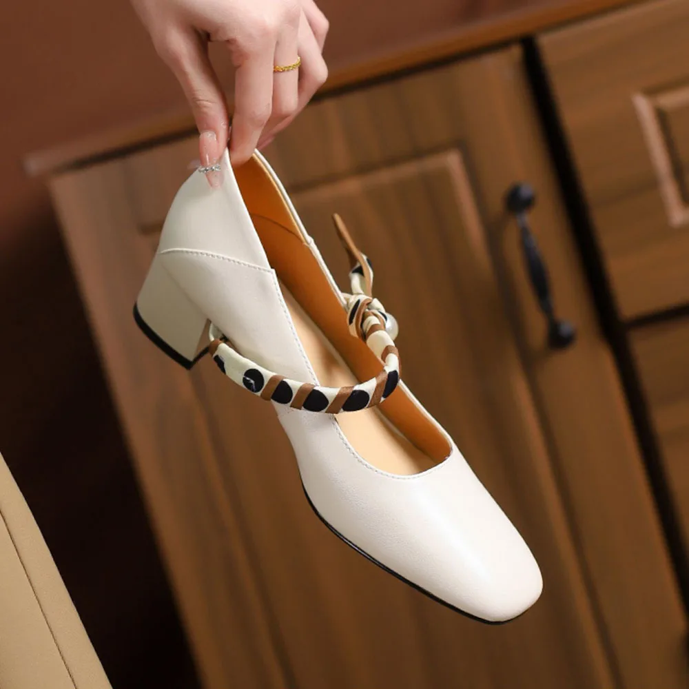 Square Heels Beautiful Concise Pumps Pearl Buckle Strap Women's Shoes Med Heels Top Quality Casual Shoes Luxury Brands Sandals