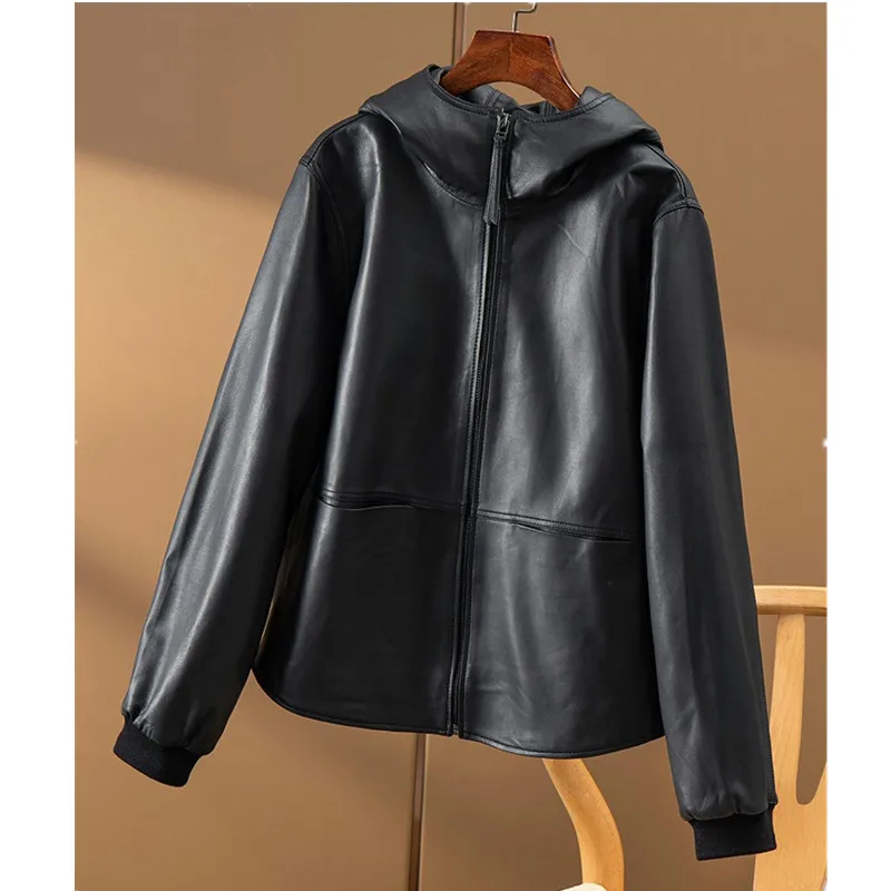 Women's Short Hooded Sheepskin Jacket, Leather Coat, Loose, Large Size, Female Solid Fashion Tops, Spring and Autumn