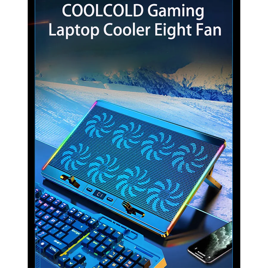 RGB 노트북 라디에이터, 8 팬 LED 스크린, USB 포트 2 개, 고속 회전 무음 모터 쿨러 노트북 스탠드, 다중 노트북 크기