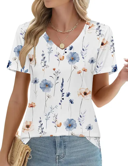 الصيف المرأة تي شيرت برقبة على شكل v بسيط شريطية ورقة طباعة قصيرة الأكمام تيز فضفاضة في الهواء الطلق سريعة الجافة اليومية ملابس كاجوال للإناث 2