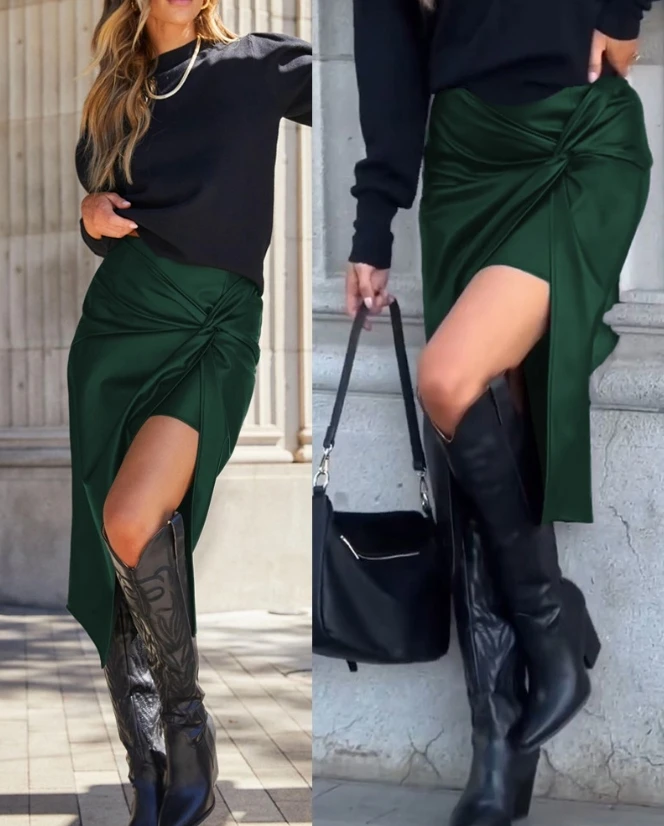 

2023 New Fashion Women's Elegant Sexy Twisted Slit Pu Leather Asymmetrical Skirt Female Casual Bottom