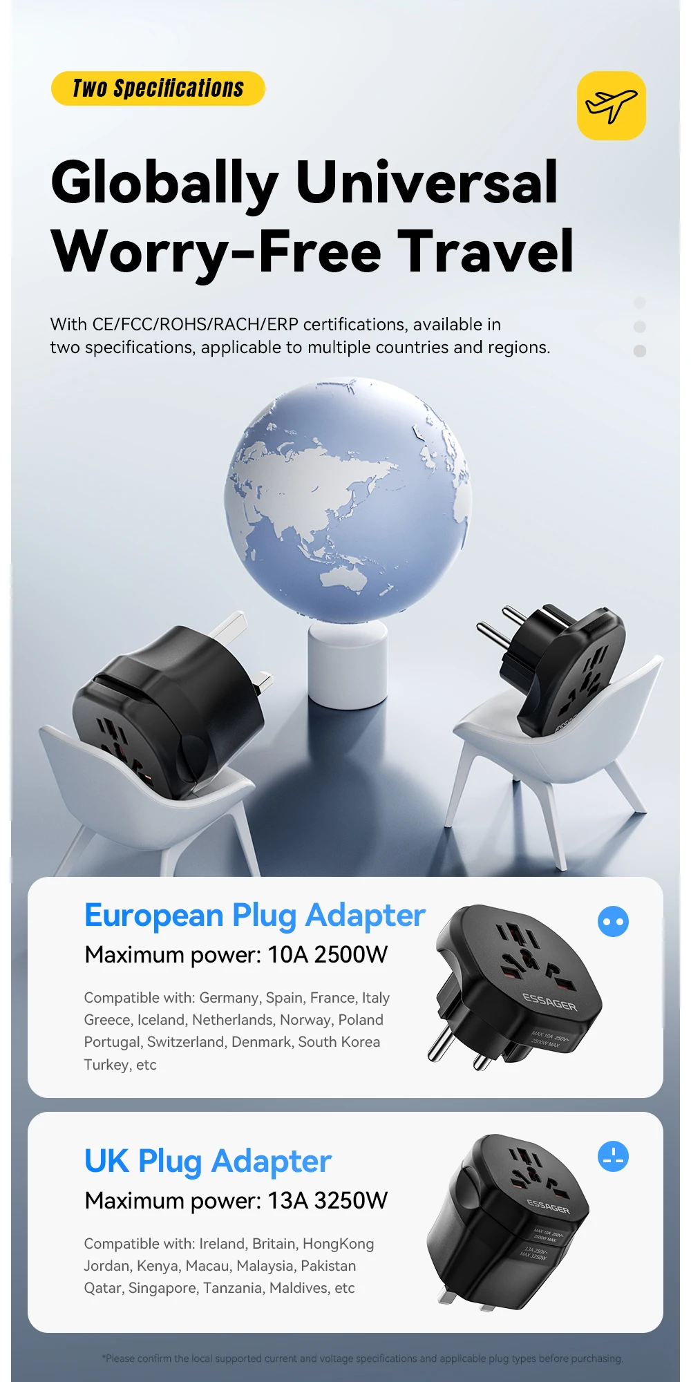 Travel Power Adapter UK US Male To EU UK US AU Female Plug Global Universal Conv