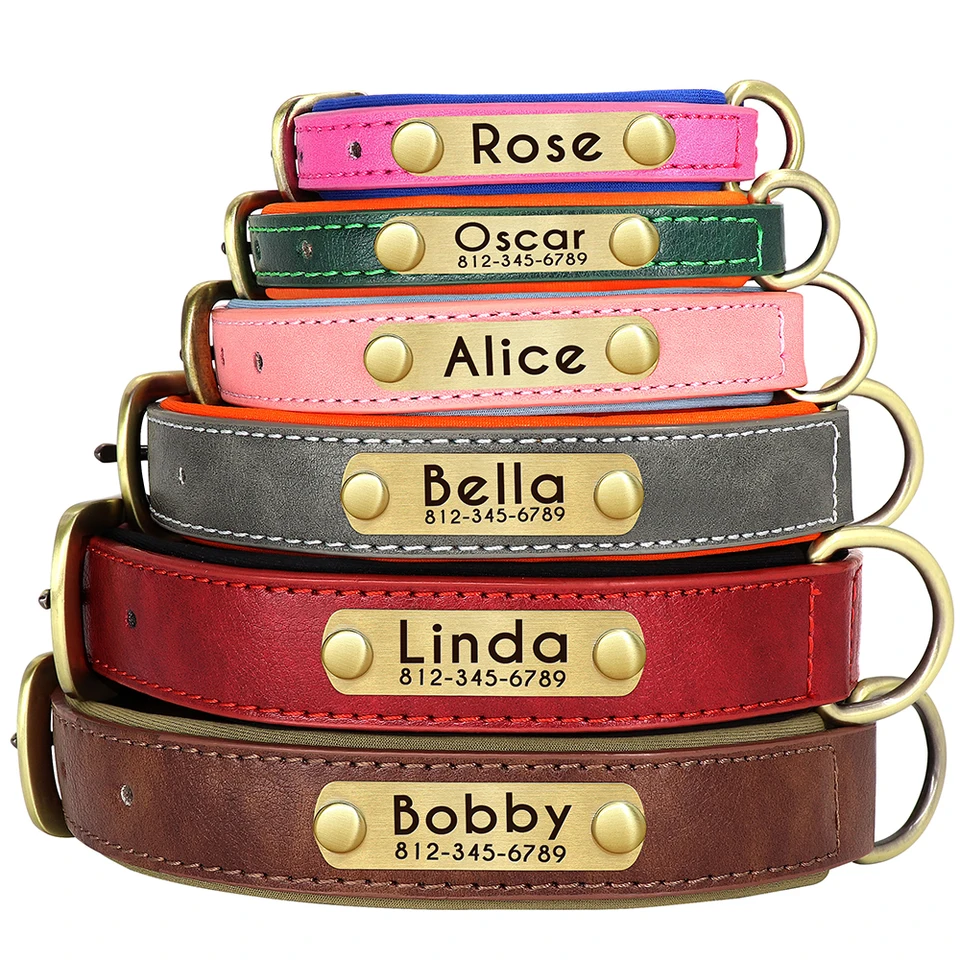 PU Leather Personalized Dog Collars Free Engraving Custom