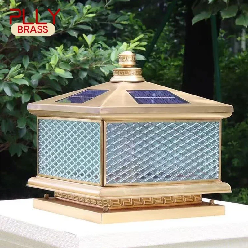 PLLY Outdoor Solar Post Lamp Vintage Creative Chinese Brass  Pillar Light LED Waterproof IP65 for Home Villa Courtyard