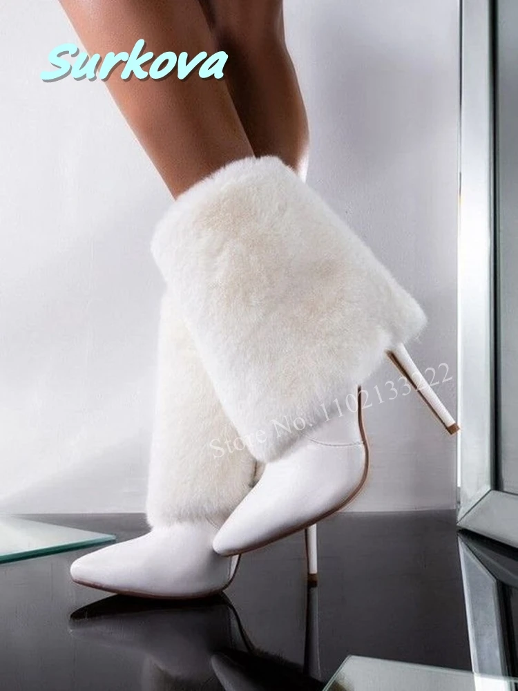 

Winter White Furry Mid-calf Boots Round Toe Solid Side Zipper Thin High Heel Plus Size Hot Sale Sexy Women Fashion Shoes Party