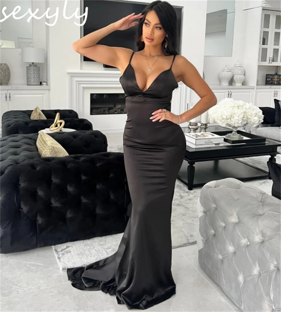 

Chic Black Evening Dress Sexy Spaghetti Straps Silk Satin Mermaid Prom Dresses Backless Summer Holiday Dance Dinner Formal Party