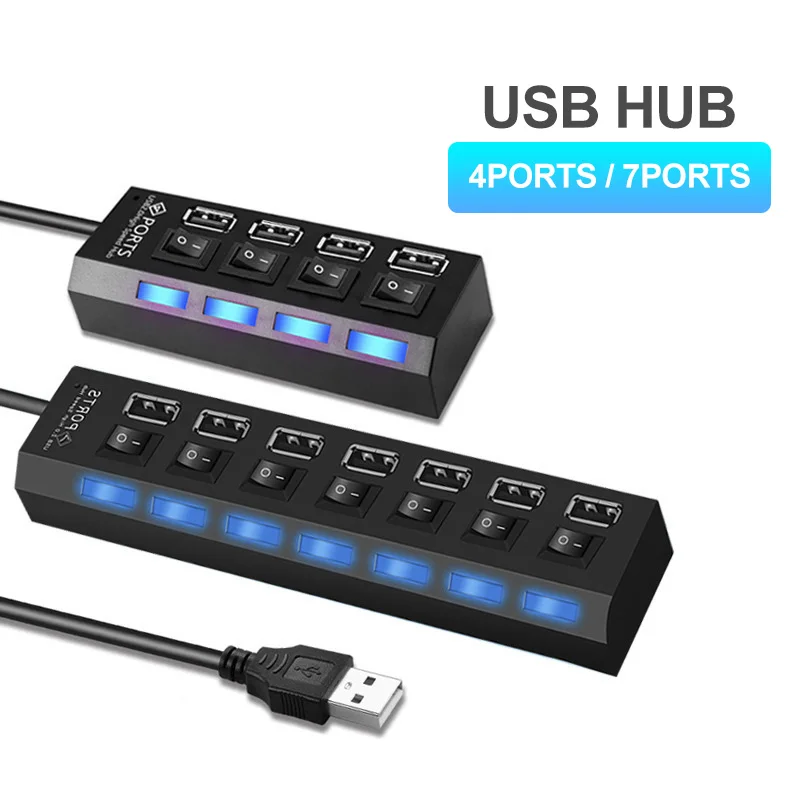 USB HUB 4/7 Port Multiple Expander ON/OFF Switch Multi USB Splitter Hub 4ports 7ports Adapter Computer Accessories