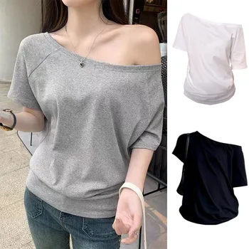 1pcs Summer Women Basic Model Solid Color T-Shirt Lady Short-Sleeved Skew Collar t-Shirt Female Street Style Sexy Slim Fit Tee 1
