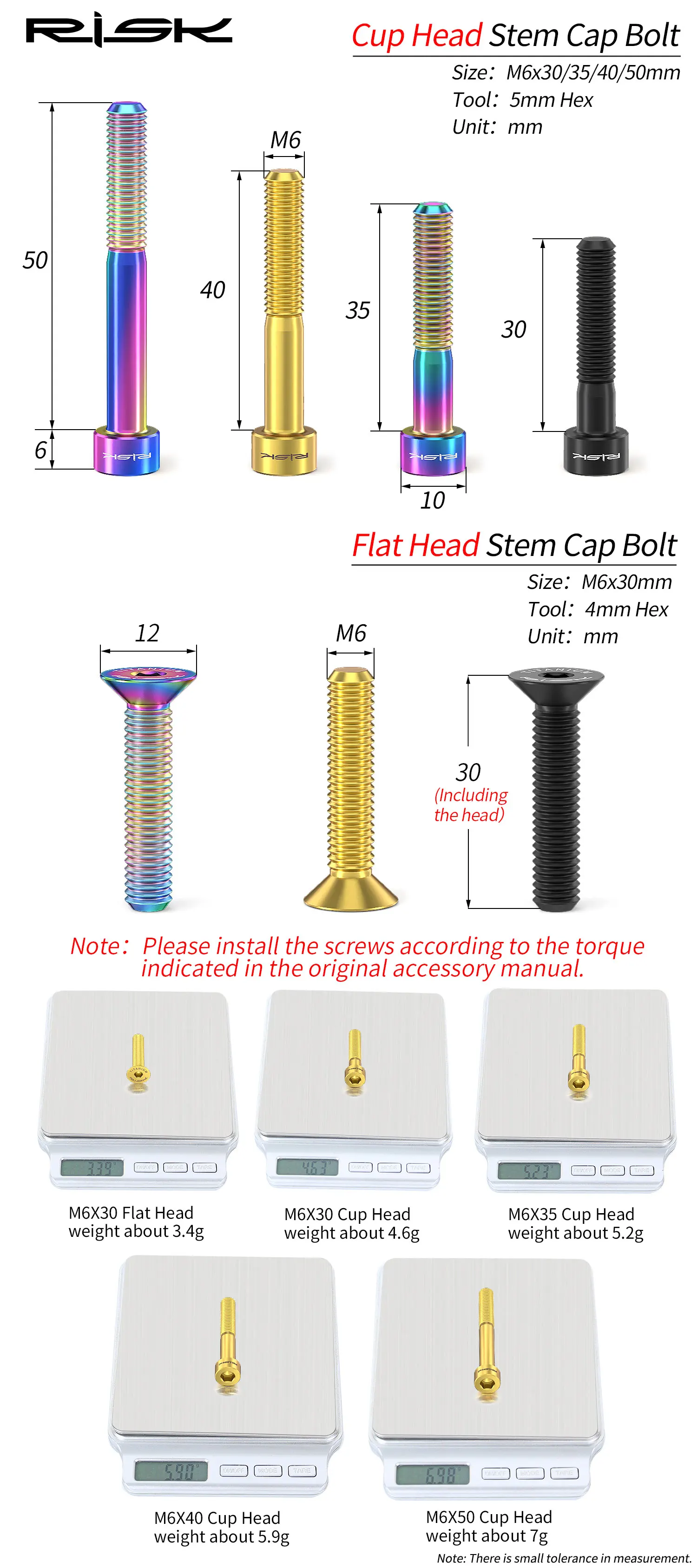 Description Picture 6 of itemRISK 1pcs M6 x 30/ 35/40/50 mm Bike Headset Bolt Titanium Ti MTB Bicycle Stem Top Cap Bolt Screw