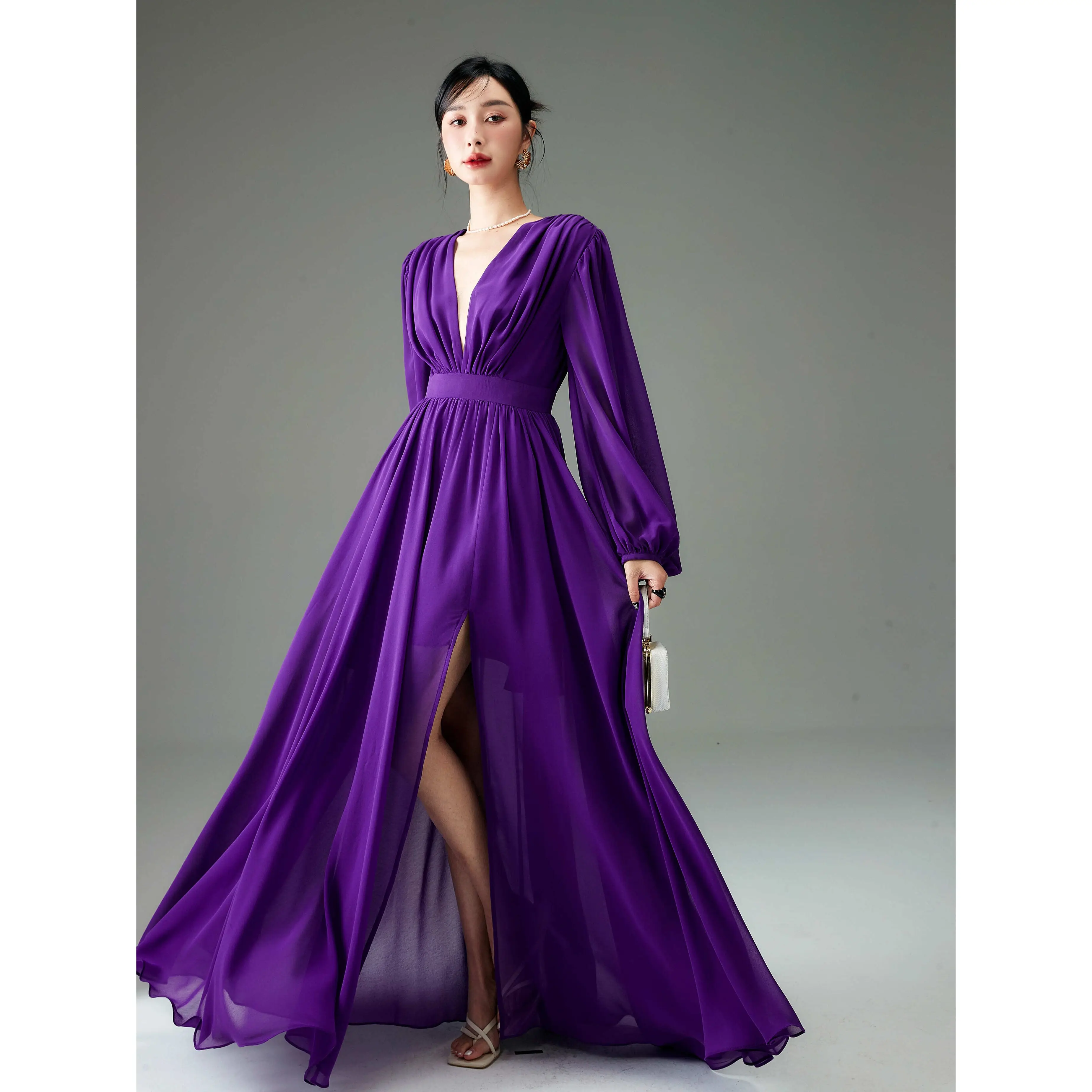 

Purple V-Collar Lantern Sleeve Swing Dress Women's Summer French Retro Long Dress