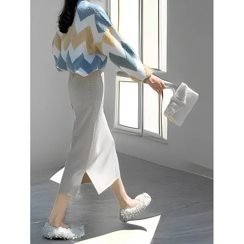 Maternity High Waist Knitted Mini Skirt Autumn Winter Straight Tube Sweater Skirt Mid Length Slit Wrap around