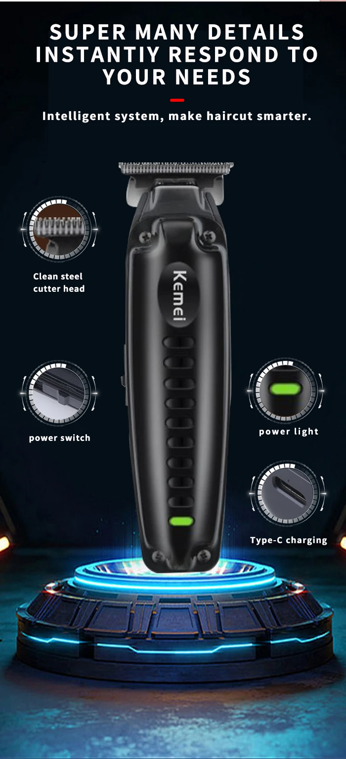 Kemei-Clippers de cabelo preto sem fio para